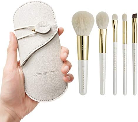ROWNYEON Makeup Brush, Set of 5, Natural Hair, Makeup Brush, Portable, Makeup Brush Case, Highlight Brush, Teak Brush, Eyeshadow Brush, Eyebrow Brush, Makeup Storage Case, Portable, Business Trips, Luxury Gift (White)