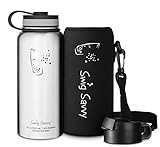 SWIG SAVVY Stainless Steel Vacuum Insulated Water Bottle Wide Mouth 32 oz Capacity Double Wall Design 100% Leak & Sweat Proof for Hot and Cold Beverages - Includes Water Bottles Pouch & Coffee Lid