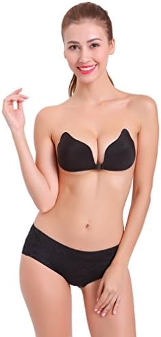 Fetoo Womens Reusable Invisible Strapless Backless Self Adhesive Wing Shape Bra (D, Black Wing)
