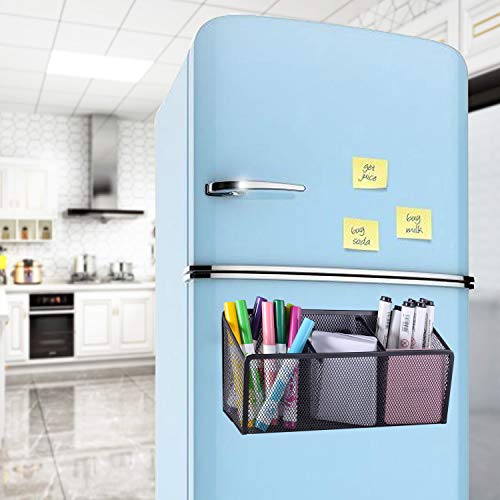Magnetic Pencil Holder Magnetic Storage Basket with 3 Generous Compartments Organizer with Extra Strong Magnets -Perfect Mesh Pen Holder Perfect for Whiteboard, Refrigerator(Black)
