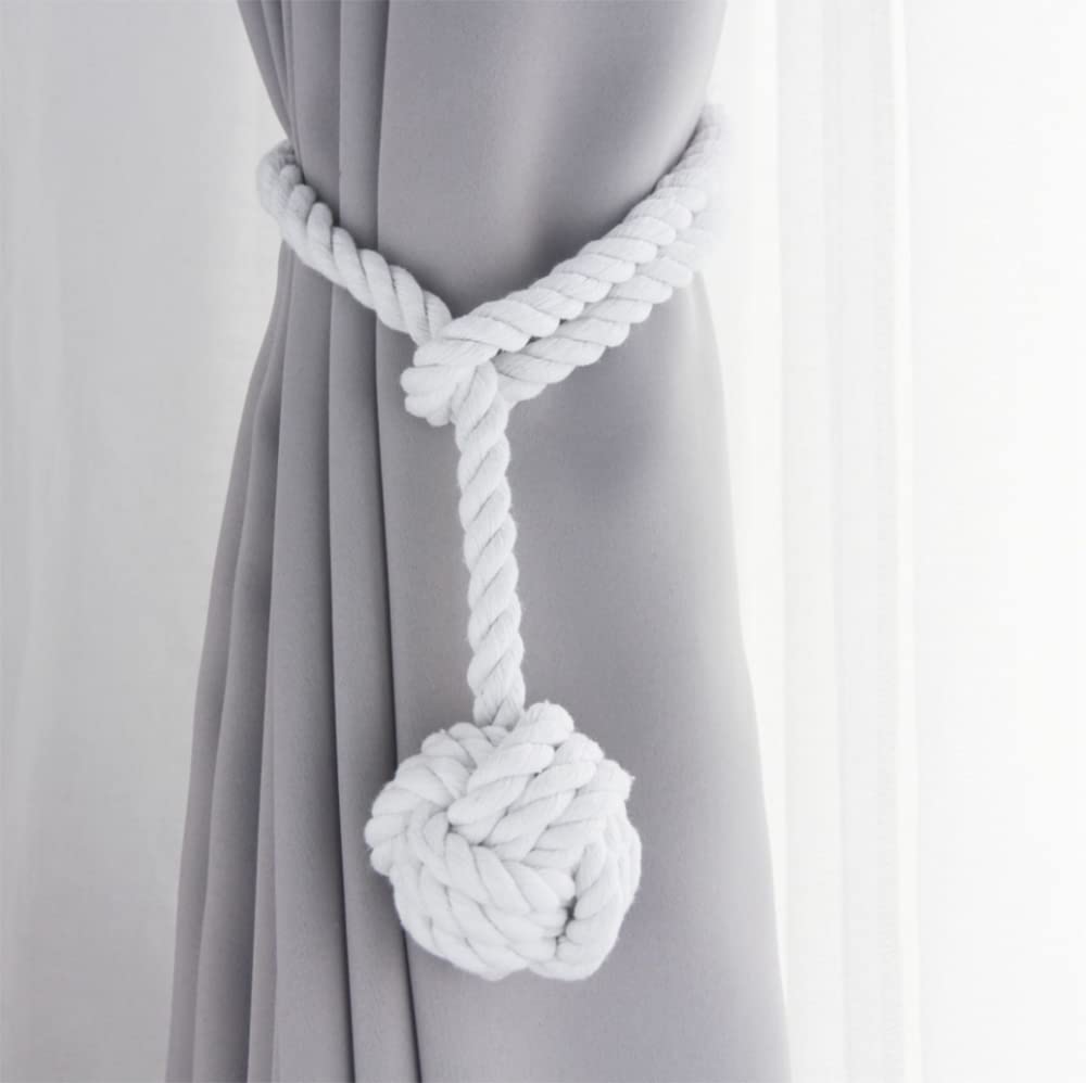 JQWUPUP Rustic Curtain Tiebacks - Outdoor Curtain Holdbacks Holders - Cotton Drape Tie Backs Rope for Curtains (White, 2 Pack)