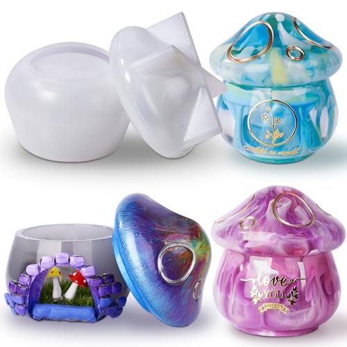 LET'S RESIN Mushroom Jar Resin Molds Silicone, Epoxy Resin Molds with Lid, Cute Mushroom Jar Molds for Craft Decorations, Storage, Candles, Gifts