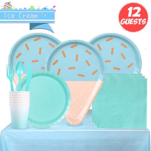 Partybus Party Supplies Set - Serves 12, 93 Ct, Sky Blue Ice Cream Theme Party Disposable Tableware Kit for Boys Girls Kids Birthday Decorations, Includes Dinner Plates, Dessert Plates, Napkins, Cups, Table Cloth, Silverware - Thumbnail 7