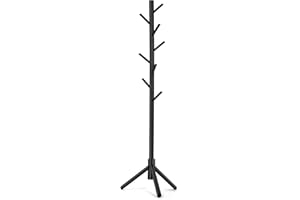 KSKSPE Wooden Coat Rack,Coat Rack Stand with 4 Height Options,8 Hooks,Sturdy Freestanding Coat Rack for Clothes,Bags,Hats,Tree Coat Rack for Home,Office,Entryway(New Black)
