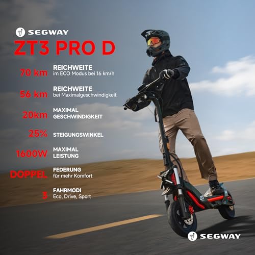 Segway ZT3 Pro D, E-Scooter mit Deutscher Straßenzulassung, 70 km Eco Modus Reichweite, 56km im Sport Modus, Vollfederung, 120 kg Tragkraft, 25% Steigung, Offroad-Reifen, Apple Find My, wasserfest 2
