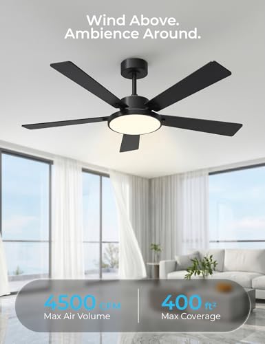 CINOTON Smart Ceiling Fan with Lights, 52'' RGBCW Ceiling Fan with Lights and Remote App Voice Control, Reversible DC Motor, 2600lm Dimmable, 6 Speeds & 2 Fan Modes, Quiet Fan for Bedroom, Living Room