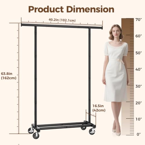 HYSEYY Clothes Rail, Rolling Clothes Rack, Clothing Rail with 4 Lockable Wheels & Storage Shelf, Sturdy Clothing Rack for Bedroom, Laundry Room, Portable Hanging Rail, 162H x 102W x 42D cm, Black