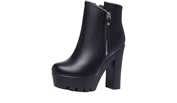 Amazon.com: Botines clásicos impermeables con cremallera lateral para  mujer, botines de tacón alto de bloque grueso : Ropa, Zapatos y Joyería