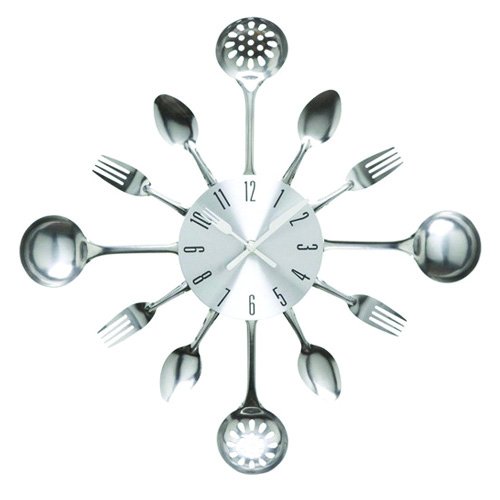 Timelike Wall Clock, 16" Metal Kitchen Cutlery Utensil Spoon Fork Wall Clock Creative Modern Home Decor Antique Style Wall Watch (Silver)