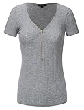 JJ Perfection Women's Solid Ribbed Knit Short Sleeve Zipper Henley Shirt Top