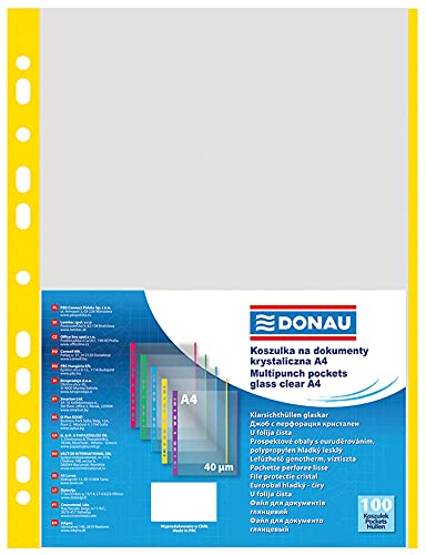 Punched Pockets DONAU PP A4 Orange Peel 40 Micron Coloured Spine Feature Yellow 100pcs / Document Archiving/Type-Crystal/Kind-Coloured Edge/Material-PP/Colour-Yellow/Format-A4