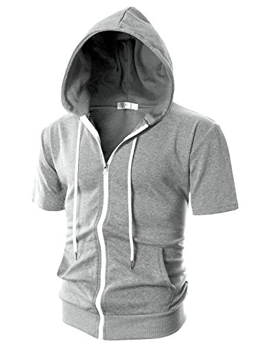 Ohoo Mens Slim Fit Short Sleeve Lightweight Zip-up Hoodie With Kanga Pocket/DCF007-GREY-M