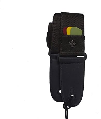 Richyi Acoustic Guitar Strap Adjustable Soft Cotton with Leather End and Pick Pocket (Black)