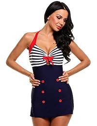 Ekouaer monokini, traje de baño de una sola pieza con tiras, estilo marinero, retro, para dama, traje de baño monokini de cintura alta, clásico, traje de baño a rayas, estilo halter