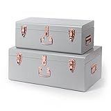 Beautify Gray Vintage-Style Steel Storage Trunk Set with Rose Gold Handles - College Dorm & Bedroom Footlocker