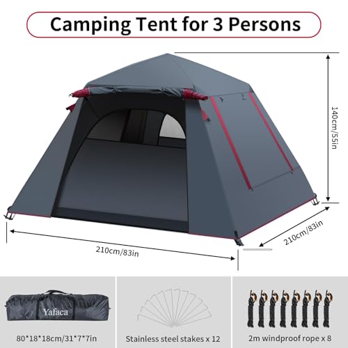 Camping Tent, 3 Man Pop Up Tent Extra Large Waterproof Automatic Dome Tent with 2 Rainproof Windows, 2 Layers Family Festival Tent with Removable Outer Layer, Tent for Camping Picnic