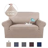 H.VERSAILTEX High Stretch Velvet Plush Sofa Cover Machine Washable Stylish Furniture Cover/Protector with Suede Plush Pattern Slipcover (Loveseat, Sand)