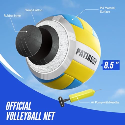 Patiassy Volleyballnetz Garten Outdoor Mobiles Set Mit Stangen, Höhenverstellbar Volleyball Netz, PU Volleyball, Handpume, Grenzlinie, Tragetasche für Rasen Standardgröße 9,5m* 1m