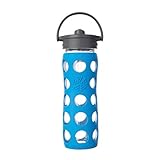 Lifefactory 16-Ounce BPA-Free Glass Water Bottle with Straw Cap and Silicone Sleeve, Ocean Blue