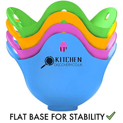 Egg Poacher Cups For Cooking Perfect Poached Eggs (4 Pack) By KITCHEN DISCOVERY - PREMIUM Grade LFGB Silicone Egg Poacher, BPA-Free 4 Multi Coloured Poached Egg Pods, Egg Poacher Pan, Egg Cooker, Poached Egg Maker Set, Microwave Egg Poacher