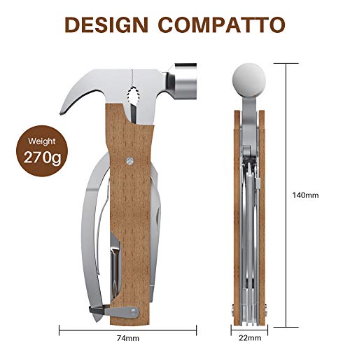 Multi-Purpose Hammer,KUSONKEY 12 in 1 Mini Portable Hammer with Nail Puller,Wire Cutter,Knives,Nail File,Plier,Screwdrivers,Saw,Bottle Opener,Wooden Gift for Him,Men,Father,Husband,Boyfriend