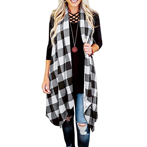Womens Plaid Open Front Vest Cardigan Sleeveless Drape Lightweight Coat with Pockets White - Thumbnail 5