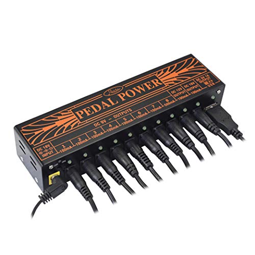 Rowin - PW-1 - Fuente de alimentación para pedal de guitarra con 10 salidas de CC aisladas para pedales de efectos de bajo y guitarra, de 9 V, 12 V y 18 V, con puerto de carga USB