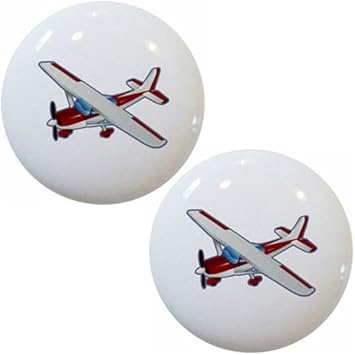 Red Airplane Aviation Ceramic Cabinet Drawer Pulls Knobs Set Of 2