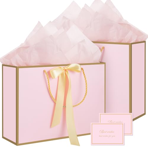 woric Pink Gift Bags with Handles, 14" Medium Gift Bags with Tissue Paper, 2 Pcs Pink Bags with 4 Tissue Paper and 2 Cards for Baby Shower Wedding Bridal Shower Graduation Birthday Party