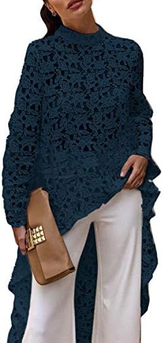Women Irregular Hollow Out Long Sleeve Lace Tops Blouse Shirt Dress
