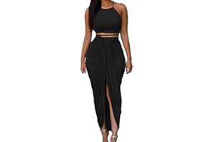 HUUSA Women's Sexy 2 Piece Skirt Sets Elegant Bodycon Maxi Dress Sleeveless Tank Shirt Tops High Waist Ruched Slit Long Dress