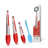 Stainless Steel Kitchen Tongs With Silicone Tips & Spatula - Non-Stick High Heat Resistant Kitchen Cooking Tongs With Firm Grip For Barbeque, Salad, Meat, Cooking And Grilling - Set Of 3 (7