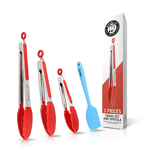Stainless Steel Kitchen Tongs With Silicone Tips & Spatula - Non-Stick High Heat Resistant Kitchen Cooking Tongs With Firm Grip For Barbeque, Salad, Meat, Cooking And Grilling - Set Of 3 (7