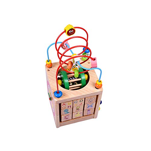 CCGTOY 6 in 1 Wooden Bead Maze Activity Cube Mult-IPurpose Activity Center Box Educational Skill Improvement Wood Toys for Kids