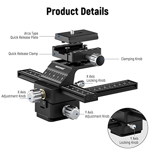 NEEWER 4-Way Macro Focusing Rail with Quick Release Plate for Arca Type, 1/4 Inch Thread for Macro Photography & Close-up Photography, Compatible with Canon Nikon Fujifilm Sony DSLR Mirrorless Camera