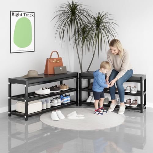 Beauenty Shoe Rack with Seat,2-Tier Shoe Rack Bench with Leather Cushion, Durable Steel Frame Shoe Stool Rack Shelf for Entryway Bedroom Living Room Balcony (90x25x41cm)