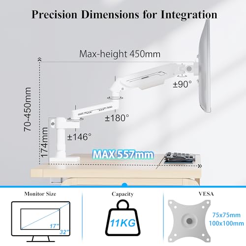 Fydeamer Monitor Stand With Extention Arm for 17-32 inch Screens, Heavy Duty Gas Spring Fullmotion Monitor Mount holds 2-11kg, LED/LCD Display Arm, VESA 75×75/100×100, White