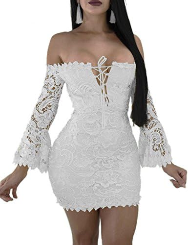Women's Lace Dress Sexy Off Shoulder Flare Sleeve Floral Bodycon Party Club Dress