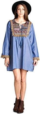 Velzera Women's Bohemian Fringe Geometric Chambray Tunic Dress (Small, Blue)
