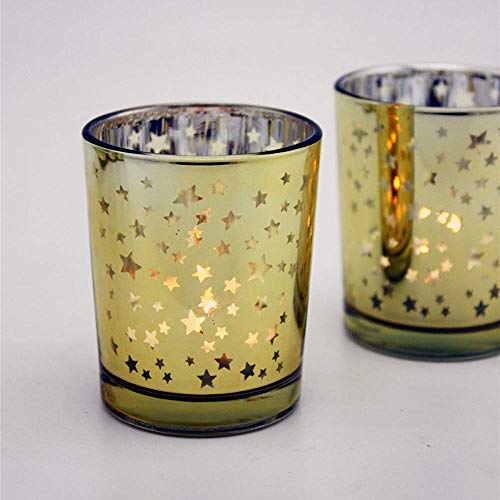 Candle Holder for Home Decor Wedding Party Celebration Laser Cut Mercury Glass 2.55-inch Tall Set of 6 (Gold Star)