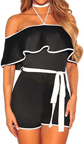 Nashion Womens One Piece Summer Sexy Off Shoulder Junior Halter Neck Bodycon Short Jumpsuit Rompers Black,X-Large