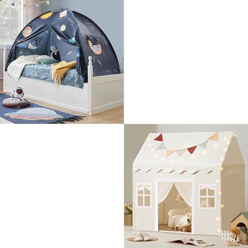 Play Tent with Padded Mat & LED Lights, Playhouse for Kids, Space Galaxy Bed Tent for Kids – Sleep Bed Canopy with 9 Planets Design – 77