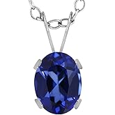 Gem Stone King 14K White Gold Blue Created Sapphire Solitaire Pendant Necklace For Women | 1.67 Cttw | Gemstone September Birthstone | Oval 8X6MM | With 18 Inch Chain