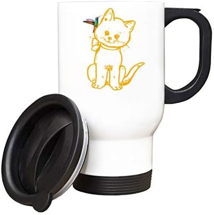 Cat with Bird Funny Animal Art Print Themed 14oz White Travel Mug.Birthday-Christmas Gift Idea.
