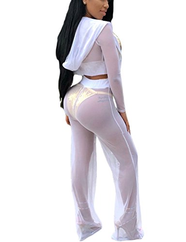 Halfword Womens Sexy 2 Piece Outfits See Though Mech Hooded Crop Top Clubwear Set L White