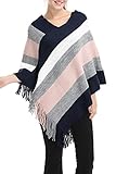 Viottis Women's Tassel V-Neck Striped Knitted Poncho Top Pullover Sweater Cape