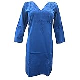 Mogul Women's Blue Tunic Cotton Designer Dress Caftan Floral Embroidered Indian Kurta
