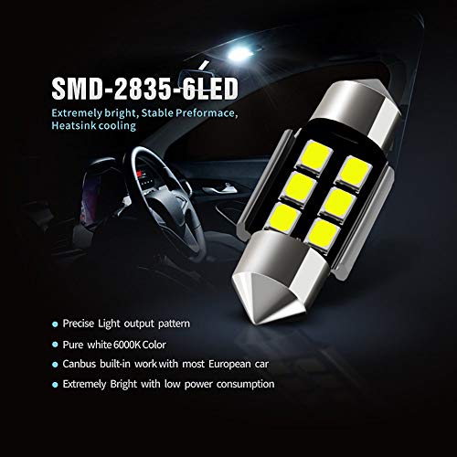 AUXLIGHT DE3175 DE3021 DE3022 3175 31MM 1.22"Festoon Canbus Error Free LED Interior Light Bulbs 6000K Xenon White, Super Bright 6SMD Chips for Dome Map Door Courtesy License Plate Lights (Pack of 6)