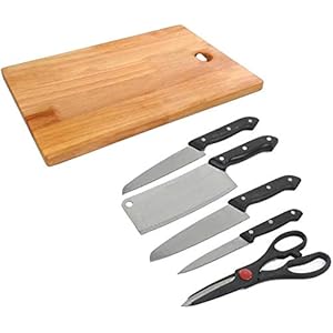 DRUCILA Wooden Chopping Board with Knife Set and Scissor, 6 Piece Stainless Steel Kitchen Knife Knives Set with Knife…
