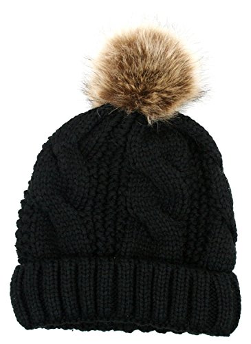 ANGELA & WILLIAM Women's Thick Cable Knit Beanie Hat With Soft Fur Pom Pom, Black, One Size